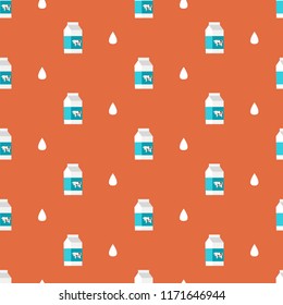 Seamless pattern with milk drop and milk pack on brick color background. Cute cartoon food wrap paper