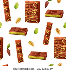 Seamless pattern of milk dubai chocolate with pistachio paste and cocoa beans