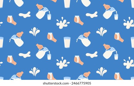 Seamless pattern with Milk. Milk glasses, decanter. Dairy drops and splash. World milk day. 1 June. National dairy month.Vector illustration in flat hand drawn style