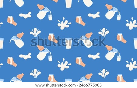 Seamless pattern with Milk. Milk glasses, decanter. Dairy drops and splash. World milk day. 1 June. National dairy month.Vector illustration in flat hand drawn style