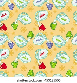 Seamless pattern with milk jugs. Vector clip art.