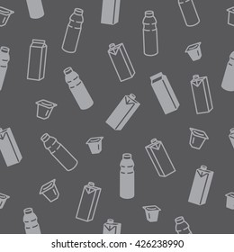 Seamless pattern with milk, kefir and yogurt  in different containers.
Dark background is on separated layer. Easy to change color. Mask is used.