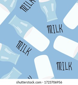 Seamless pattern of milk with lettering milk. Glass bottle of milk. Vector stock illustration isolated on blue background in flat cartoon style.