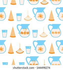 Seamless pattern with milk, melon, berries. Milky background