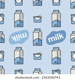 Seamless pattern with Milk packages on blue background. Dairy products