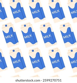Seamless pattern of milk in paper box. Dairy product. Healthy food lifestyle. Vector illustration in cartoon style. Isolated on white background	
