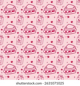 Seamless pattern of milk and sandwich with cute line art on pink background, perfect for food packaging, fabric, paper wrapping.