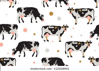 Seamless pattern with milk spotted cows in black, white, gray, gold and pink. Agriculture, farming, village life. Pet. Vector illustration.