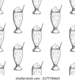 seamless pattern of milkshake in the glass with hand drawing style