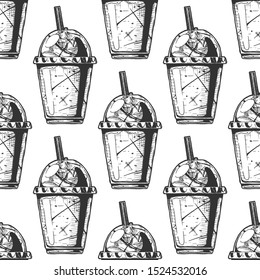Seamless pattern with milkshake in a plastic cup. Illustration in vintage engraved style. On white background.  