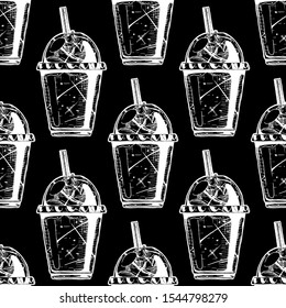 Seamless pattern with milkshake in a plastic cup. Illustration in vintage engraved style. On black background.  