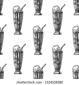 Seamless pattern with milkshake in vintage engraved style. On white background.  