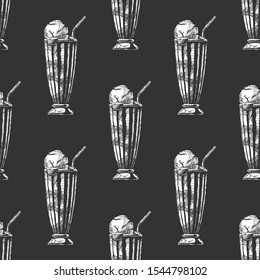 Seamless pattern with milkshake in vintage engraved style. On black background.  