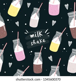 Seamless pattern milkshakes with cream in a glass jar with a tube: vanilla, chocolate, strawberry, banana. Vector illustration in cartoon style.