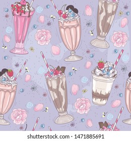 Seamless pattern with milkshakes and flowers. Fast food pastel background.