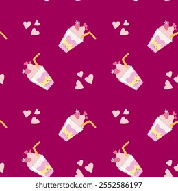 Seamless pattern of milkshakes with hearts on a berry background.