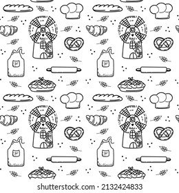 Seamless pattern with mill and baked goods, hand-drawn elements in doodle style. Mill, chef's hat, apron, rolling pin, bread, croissant, and bagel. 