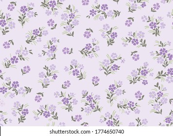 Seamless pattern of millefleurs in lilac colors, small flower repeat, romantic mood