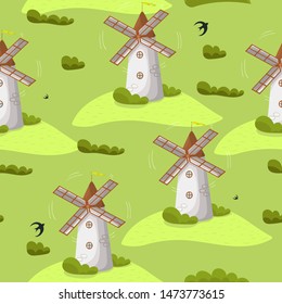 Seamless pattern with mills for fabrics and wrapping paper. Vector graphics.