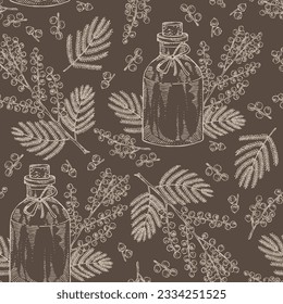 Nahtloses Muster mit Mimosa blühenden Ast und Blättern und Flasche Mimosenätherisches Öl. Acacia Dealbata. Kosmetik, Parfüm und medizinische Anlagen. Vektorgrafik, handgezeichnet.