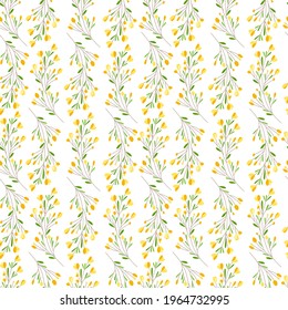 seamless pattern mimosa stylized. Branch of plants, yellow flowers, small leaves on a white background. Beautiful, delicate ornament for printing on fabric, paper, interior decoration. Vector 