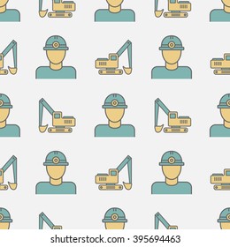 Seamless pattern with miner and excavator. Vector illustration.