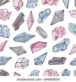 Seamless pattern with minerals, crystals, gems. Hand drawn colorful vector background.