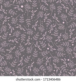 Seamless pattern with mini pink branches. Grey spring bsckgraund for print and scrapbooking