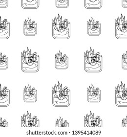 Seamless pattern of a mini terrarium in a glass with cute succulents aloe, cactus and blooming flower. Can be used for a textile design or a wrapping paper. Isolated on white - Vector.