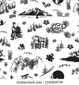 A seamless pattern with miniatures symbolizing Japan. Sakura, kimono, pines, Fuji, torii, lanterns and others.