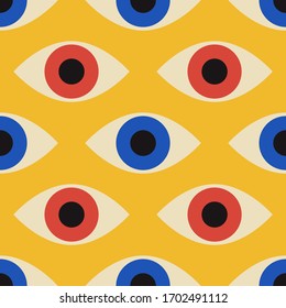 Seamless pattern with minimal 20s geometric design with eyes, vector template with primitive shapes elements, modern hipster style