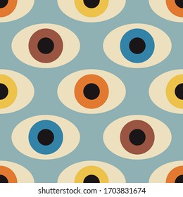 Seamless pattern with minimal 20s geometric design with eyes, vector template with primitive shapes elements, modern hipster style