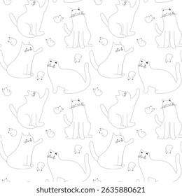Seamless pattern with minimal cartoon cats and birds, black outline, modern pet design, white background