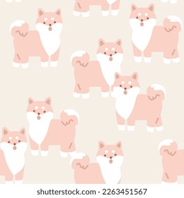 Seamless pattern of minimal cute Shiba Inu dog on beige  background suit for baby clothes, kids outfit or kids print