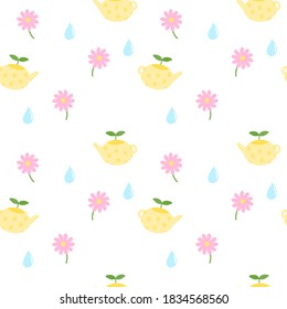 patrón ininterrumpido de flor mínima, tetera y gotas de agua. 
