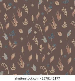 Seamless pattern with minimal foliage elements in soft earthy tones and blue highlights on a dark brown background, crafted in a simple vector style. Ideal for modern designs.