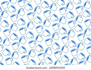 Seamless pattern with minimal line art coffee mugs in blue and white. Clean and modern design ideal for coffee shop branding, packaging, stationery, or wallpaper backgrounds.