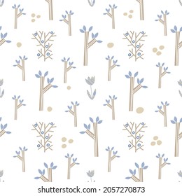 Seamless pattern in minimal scandinavian style with abstract forest trees and flowers. Hand drawn doodle in pastel beige and  blue colors. For gift wrapping paper, scrapbooking, covers, textile design