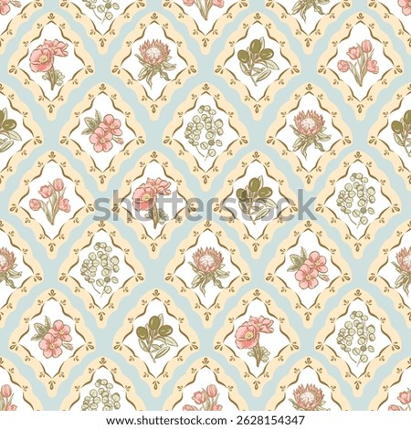 Seamless pattern minimal style of flowers and leaves, design for fabric, paper, and so on. The EPS file is vector and can be edited for shape, layout, and color.