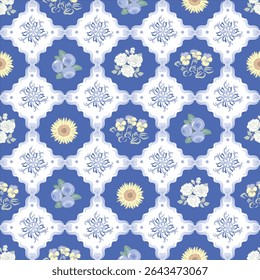 Seamless pattern minimal style of ribbon , berries and flowers bouquet, designed for fabric, paper, and so on. The EPS file is vector and can be edited for shape, layout, and color.