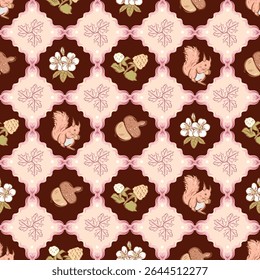 Seamless pattern minimal style of ribbon , acorn, squirrel, berries and flowers bouquet, designed for fabric, paper, and so on. The EPS file is vector and can be edited for shape, layout, and color.