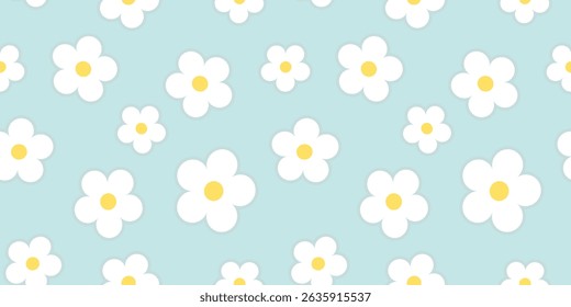 Seamless pattern minimal style with white flower and fabric pattern for kids on pastel blue background.	