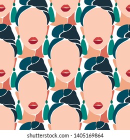 Seamless pattern in minimal trendy style. Vector portrait of woman. 
 Vector illustration for women's day card, poster, banner, textile print, wallpaper, etc.