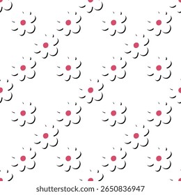 Padrão contínuo com flores abstratas minimalistas. Um design simples e moderno com pontos cor-de-rosa e linhas pretas gestais em um fundo branco, criando uma estética limpa, leve e elegante.