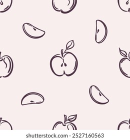 Seamless pattern of minimalist apples on beige background. Fruit harvest and organic food concept. Hand-drawn black lines. Cozy fall season. Vector autumn design