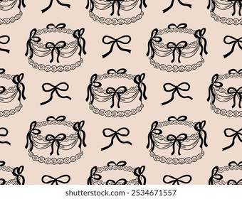 Seamless pattern with minimalist birthday cakes and bows in sketch style. Vintage vector flat background with cakes and ribbons. Coquette retro aesthetic