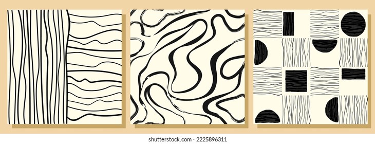 seamless pattern minimalist black and white trendy abstract print. Lines, blotches of liquid. Modern monochrome vector template for design