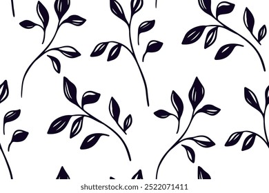 Seamless pattern, minimalist botanical design with sketch branches. Abstract ornament, floral print of hand drawn black twigs with small leaves on white background. Vector two color illustration.