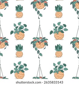 Seamless pattern with minimalist botanical illustration of DIY kokedama. Perfect for nature, decor, and eco-home visuals