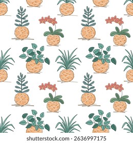 Seamless pattern with minimalist botanical illustration of DIY kokedama. Perfect for nature, decor, and eco-home visuals